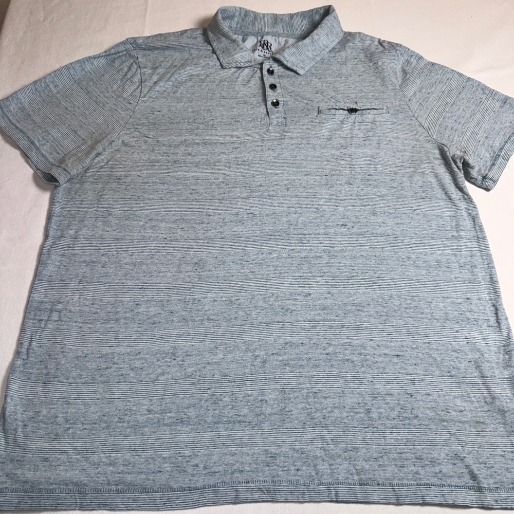 Rock & Republic Mens XL Blue Striped Short Sleeve Polo Shirt Cotton Blend Pocket